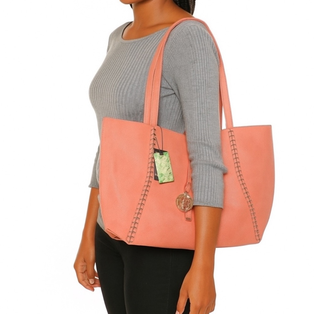 Badgley Mischka Coral vegan Leather Large Tote Bag with Chain Accents